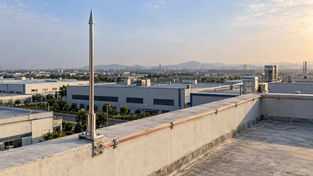 Illustrative industrial rooftop showing a conventional air terminal and clipped conductor route
